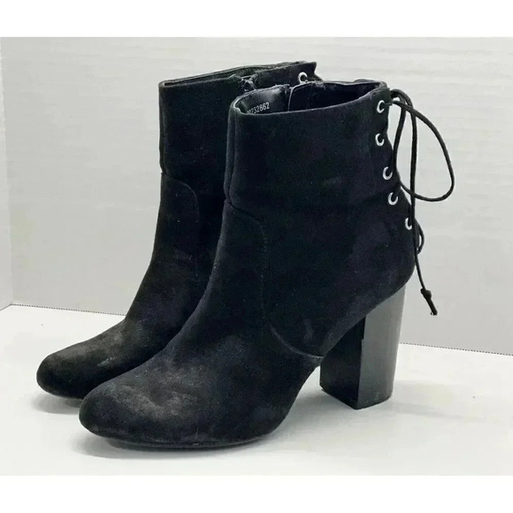 Forever 21 Faux Black Leather Back Lace Up Block High Heel Ankle Boots Size 8 - Picture 4 of 9